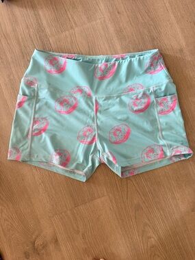 Women’s Mint Athletic Shorts with Pink Donut Print